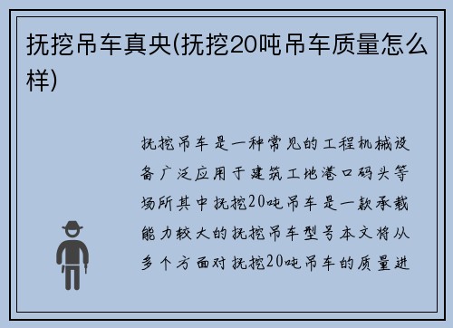 抚挖吊车真央(抚挖20吨吊车质量怎么样) 抚挖吊车真央(抚挖20吨吊车质量怎么样)