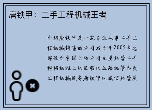 唐铁甲:二手工程机械王者